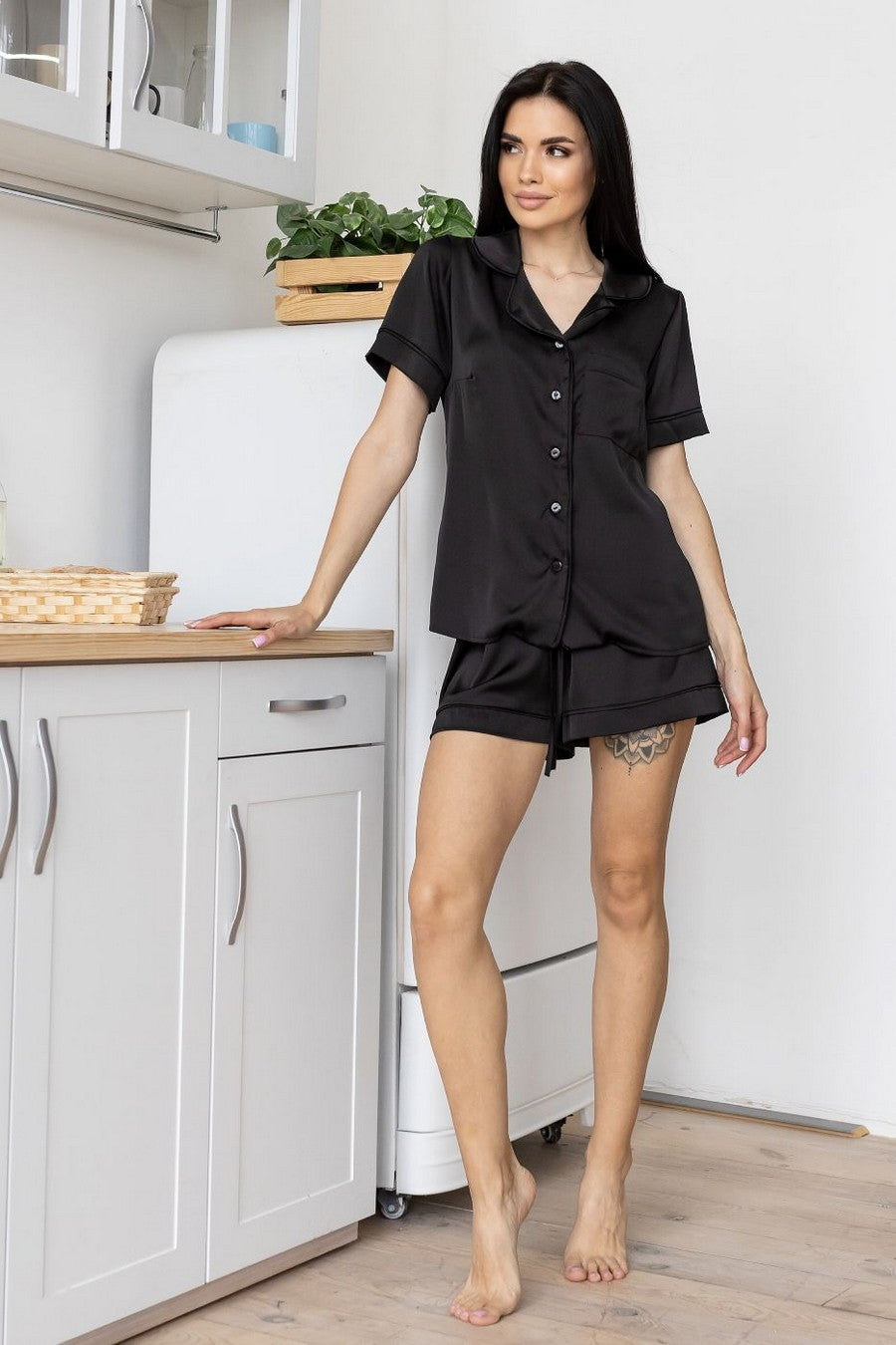 Шелковая пижама с шортами П1350 black