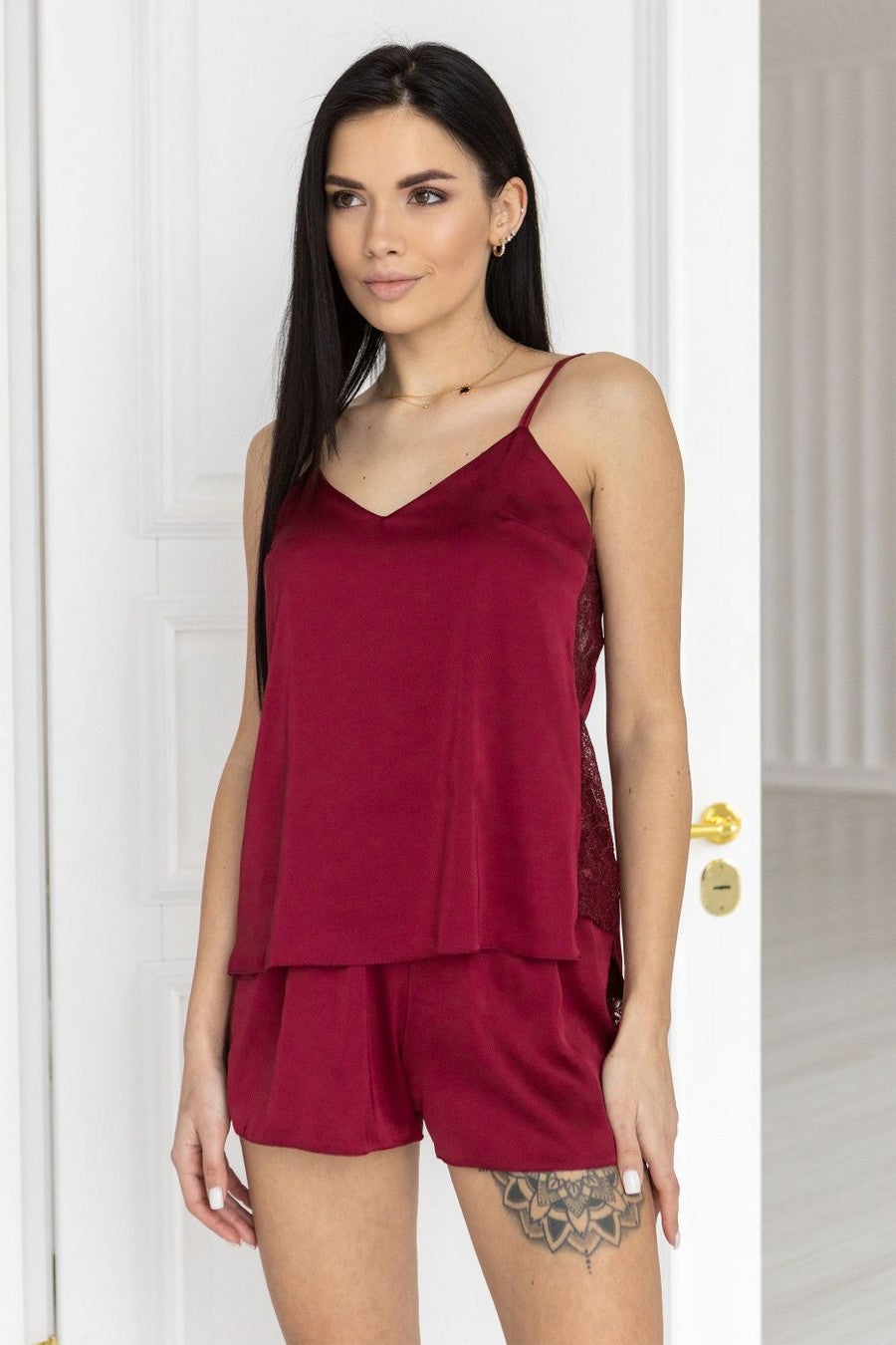 Шелковая пижама с кружевом Пб1017 burgundy