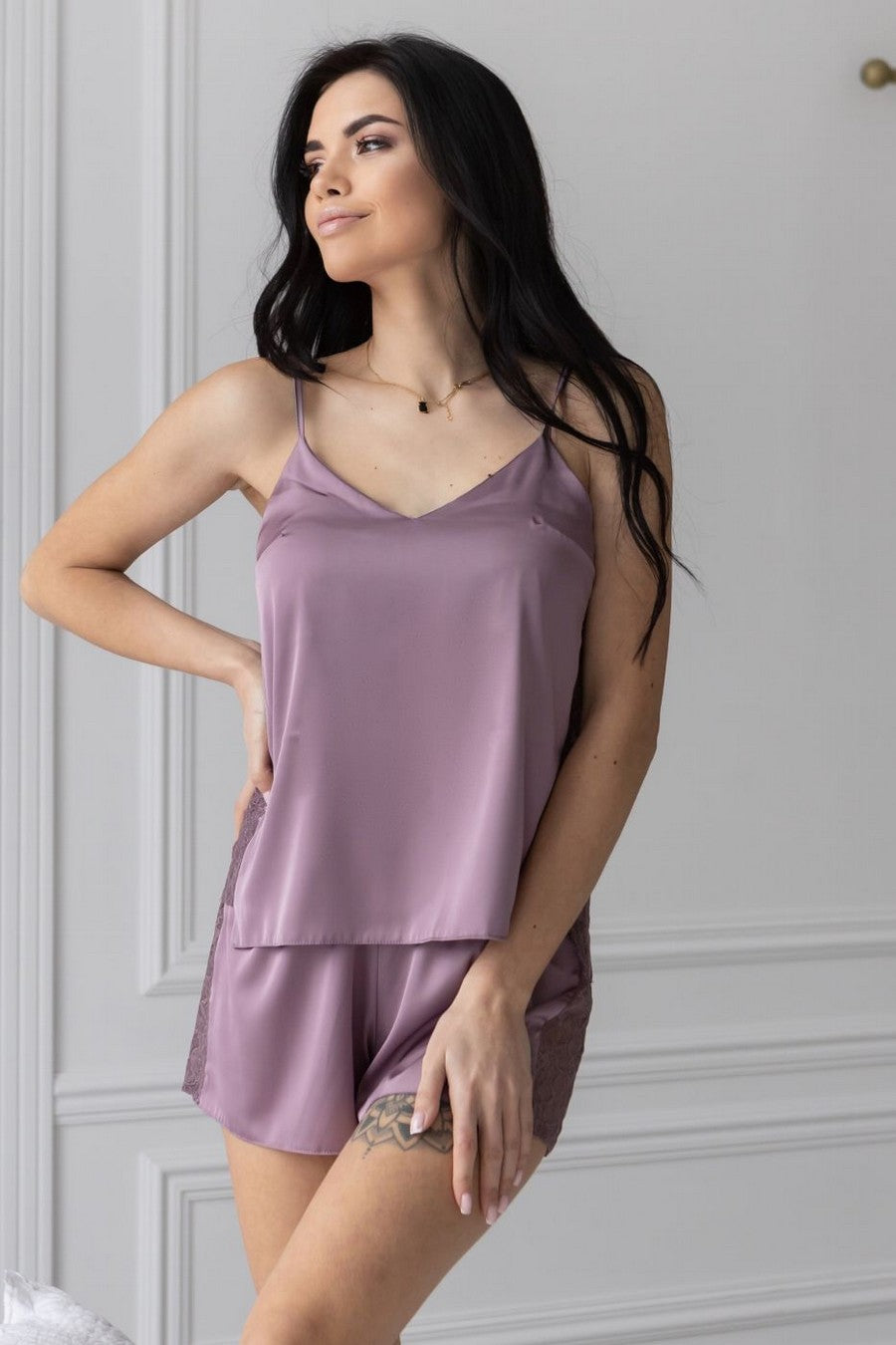 Шелковая пижама с кружевом Пбф1017 pale purple