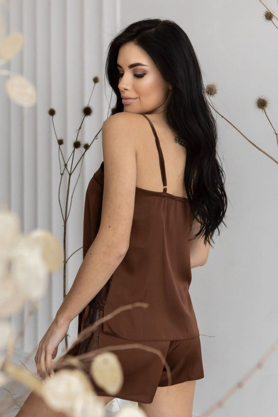 Шелковая пижама с кружевом Пш1017 brown