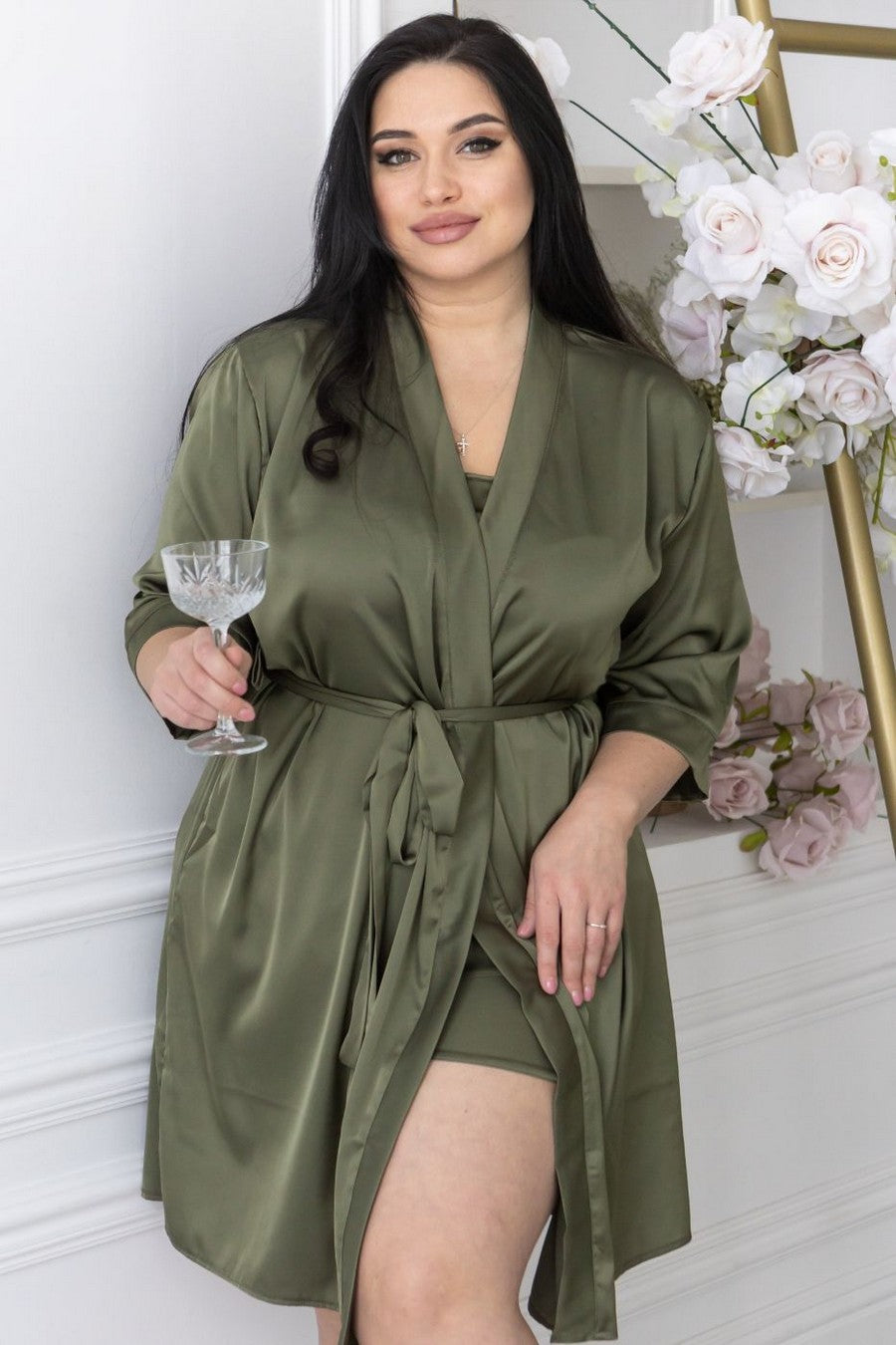 Шелковый халат с поясом Х1071 khaki