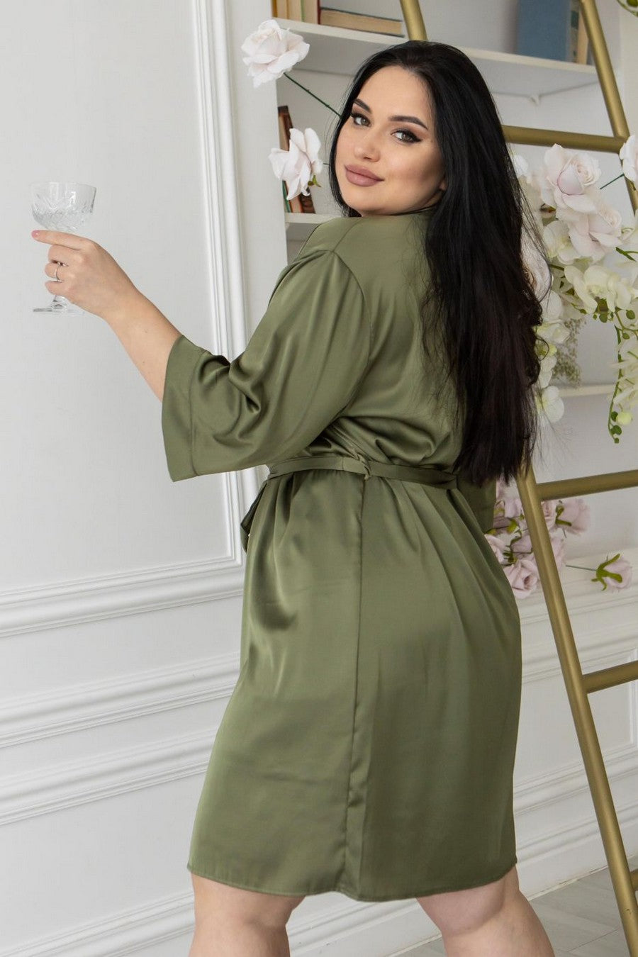 Шелковый халат с поясом Х1071 khaki