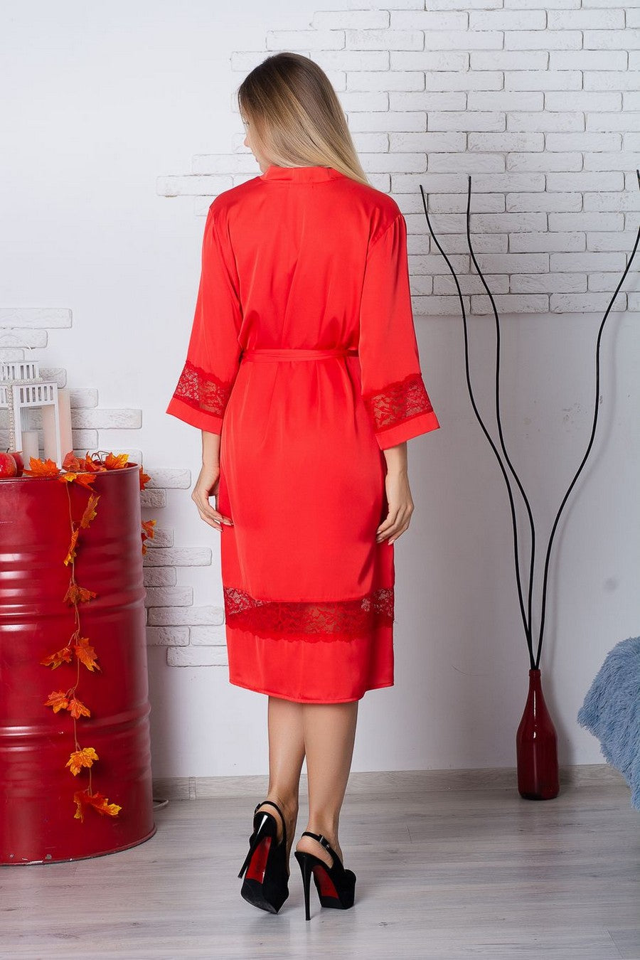 Халат с ажурным кружевом Х904 red