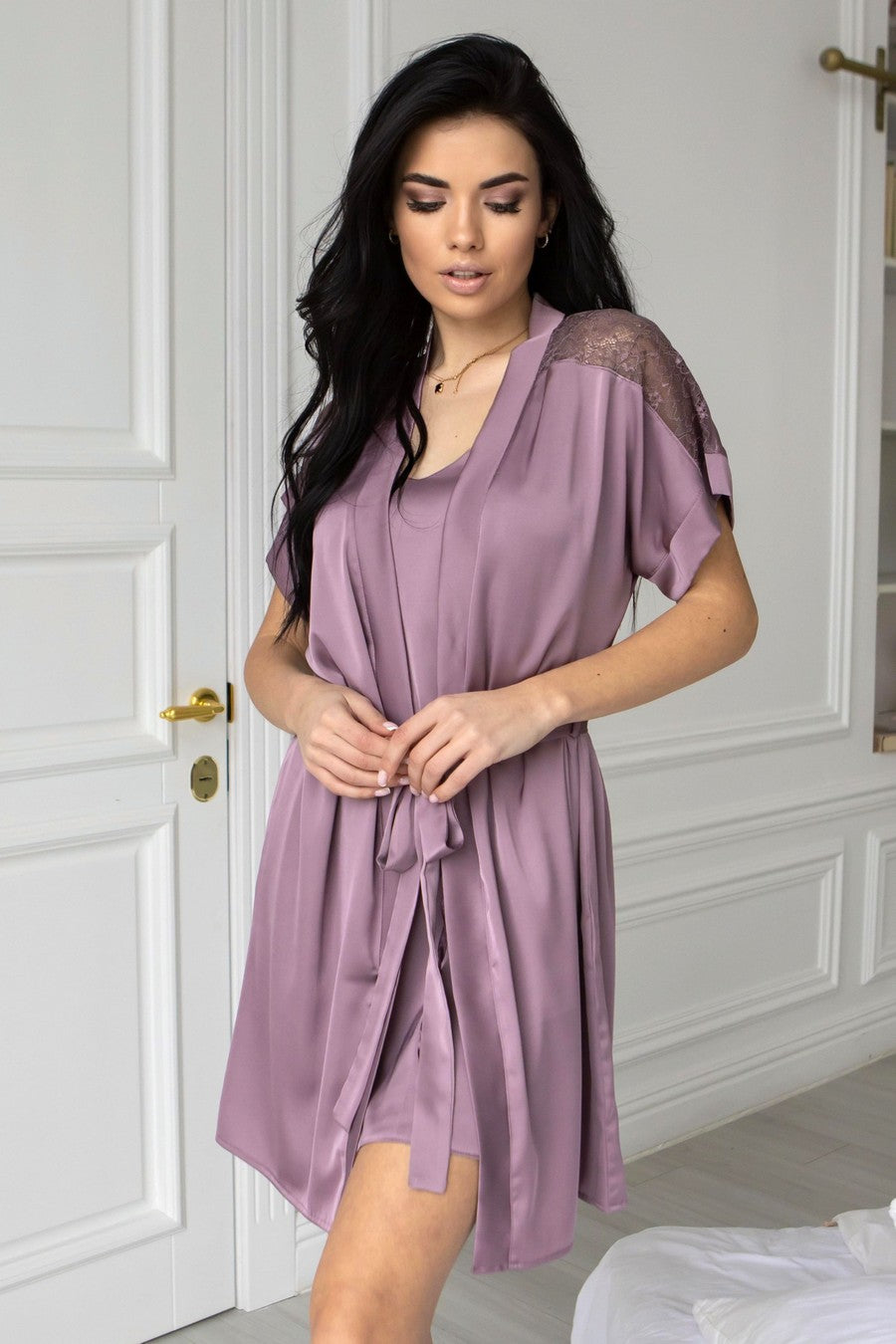 Шелковый халат с поясом Хбф1010 pale purple