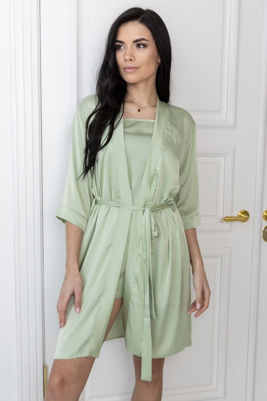 Шелковый халат с поясом Хф1071 pistachio