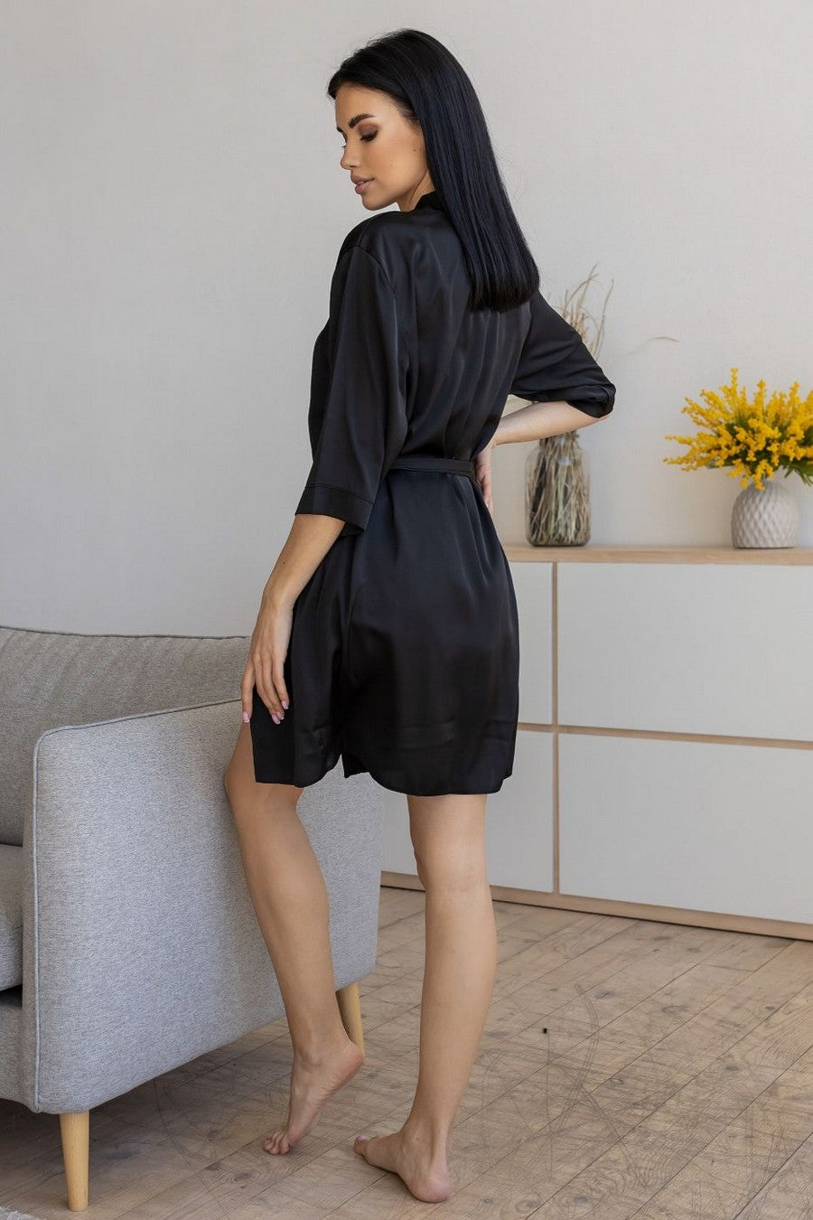 Шелковый халат с поясом Хч1071 black