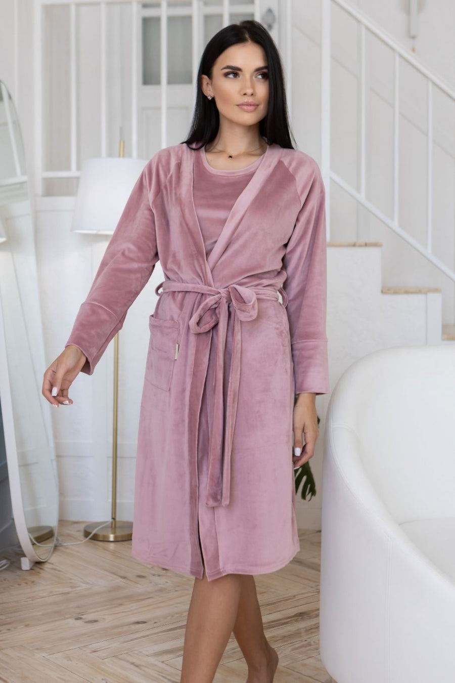 Велюровый халат с поясом Хп1600 rose purple