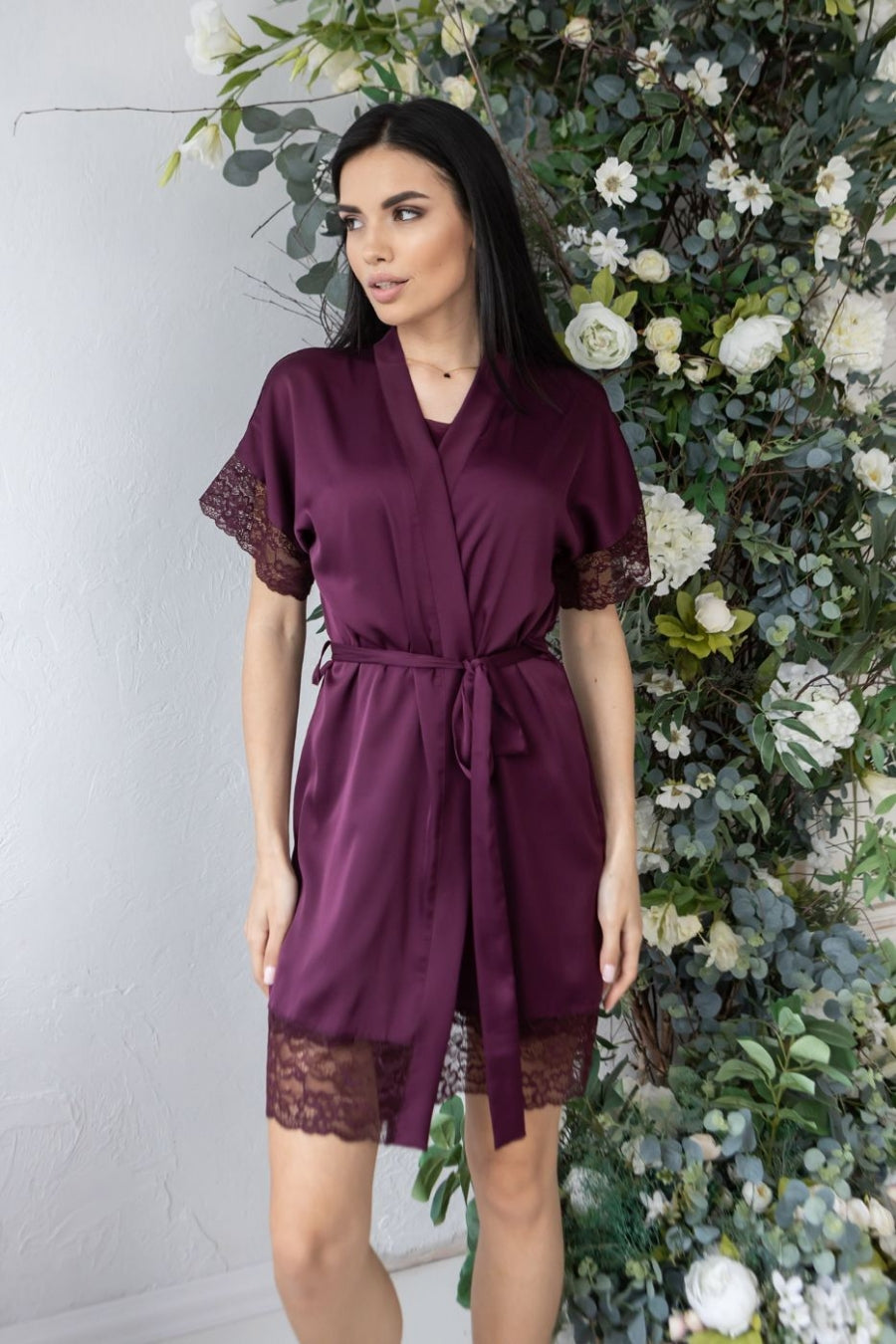 Шелковый халат с кружевом Хс041 plum