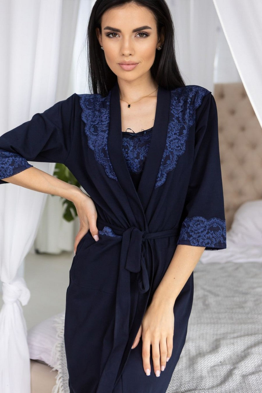 Хлопковый халат с кружевом Хс1002 blue