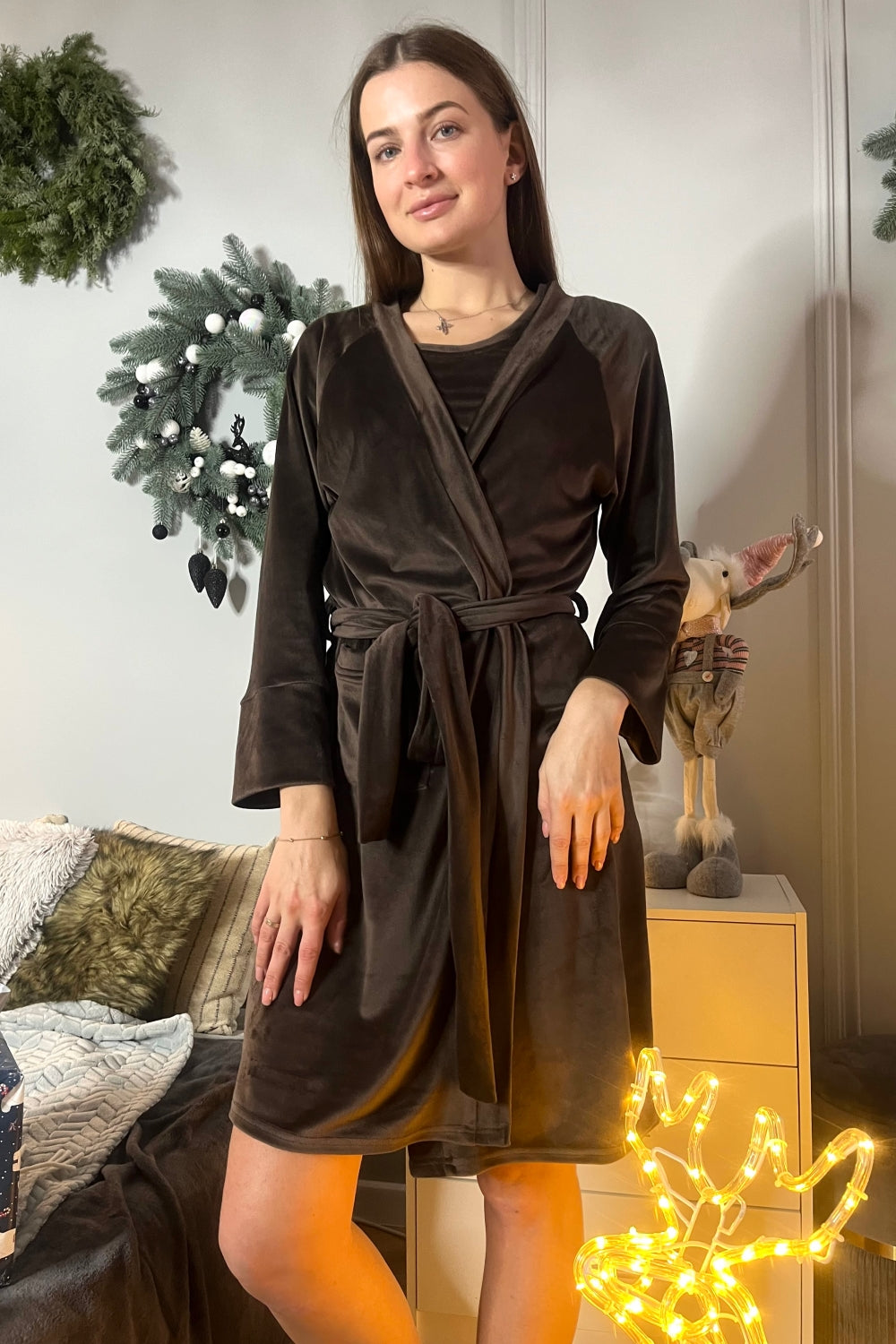 Велюровый халат с поясом Хш1600 brown