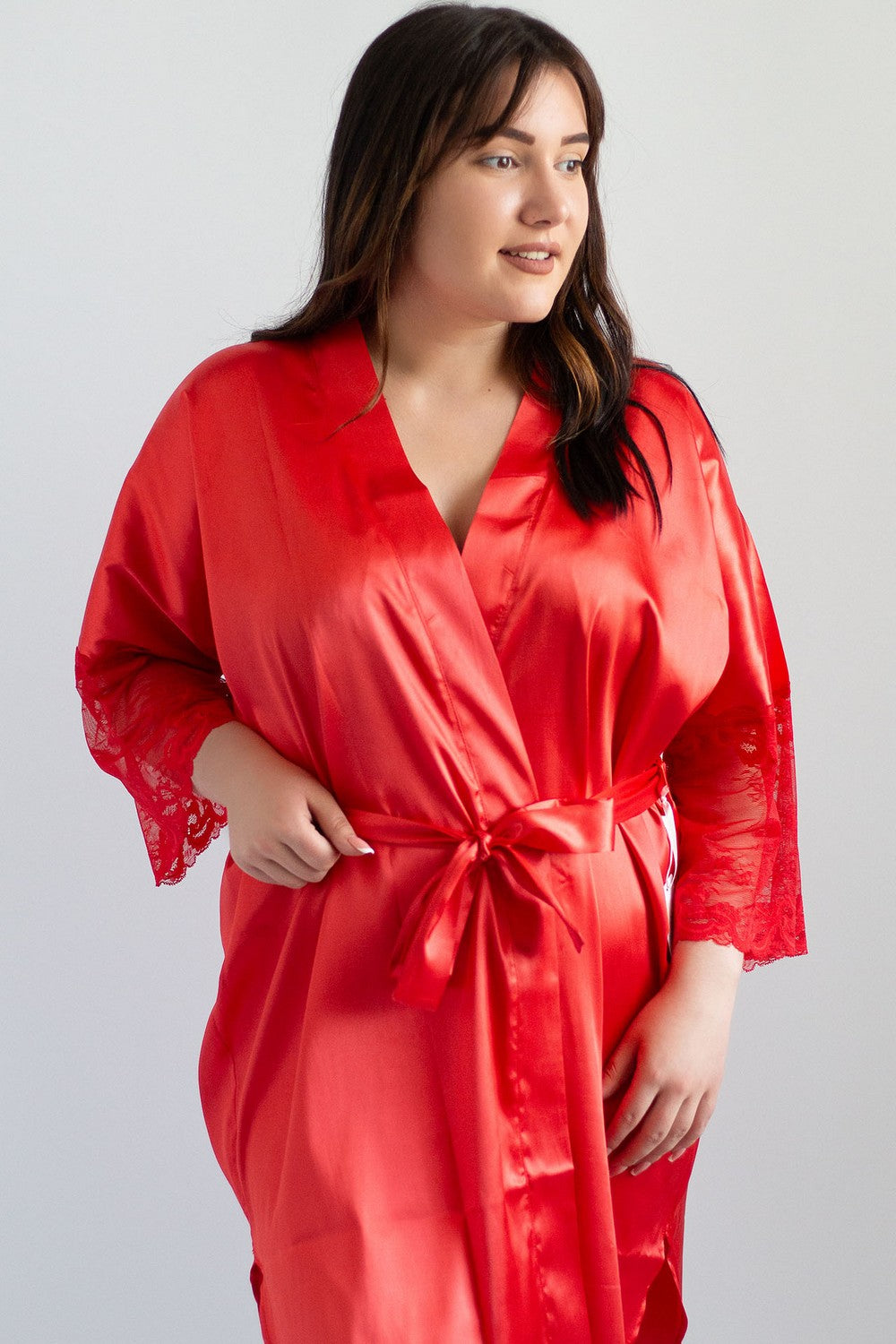 Атласный халат с кружевом F50117 Home red
