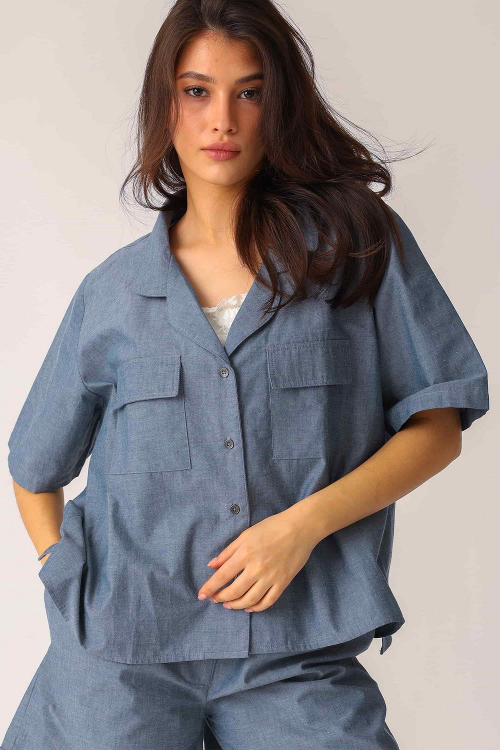 Хлопковая рубашка на пуговицах LH340-16 Safari blue