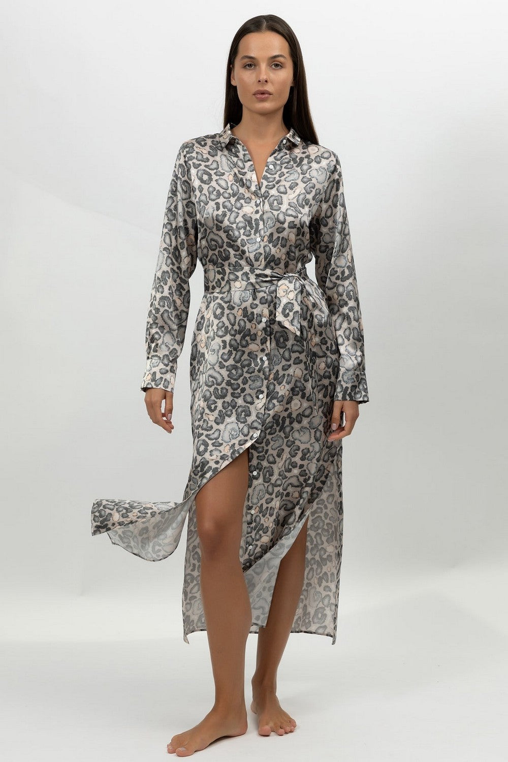 Домашнее платье на пуговицах 251201-15 Animal Print snow leopard