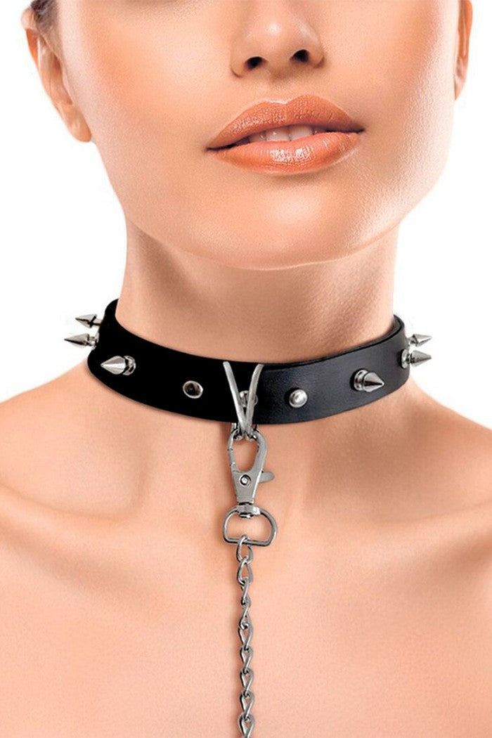 Кожаный ошейник с поводком Collar Spikes and Leash