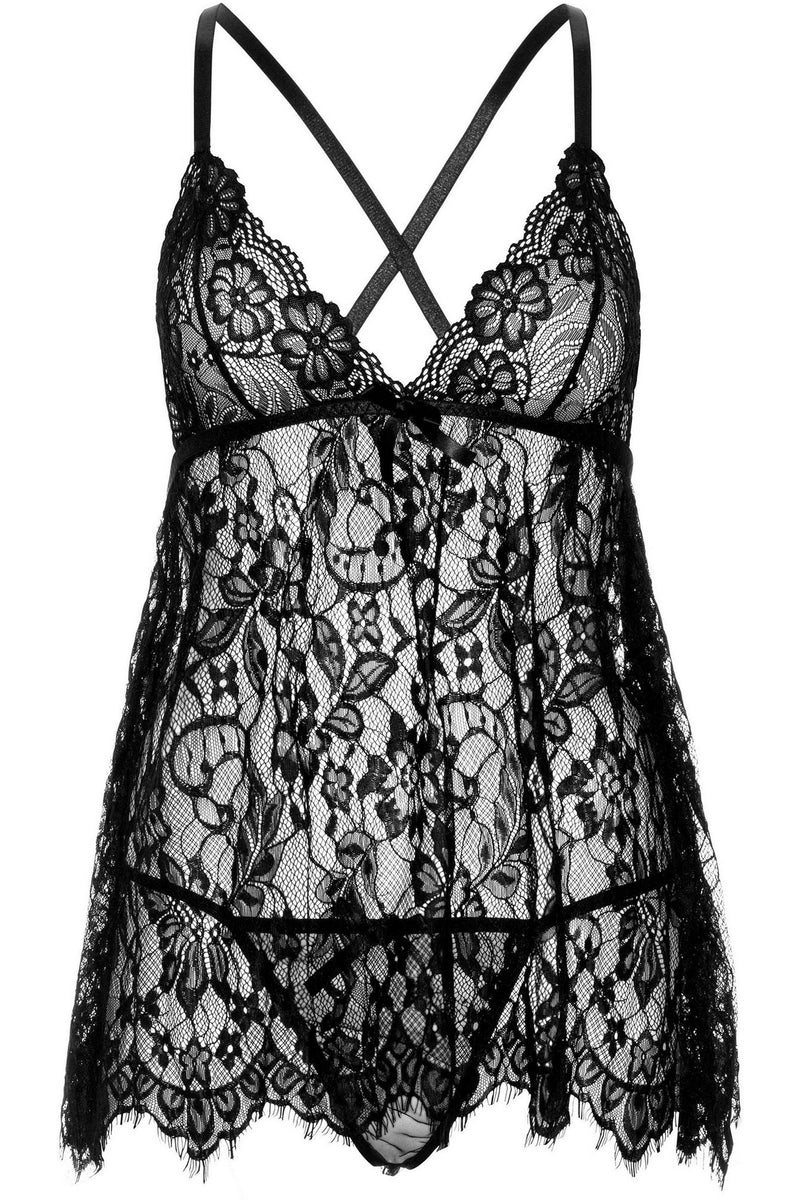 Кружевной бебидолл Floral lace babydoll & string black
