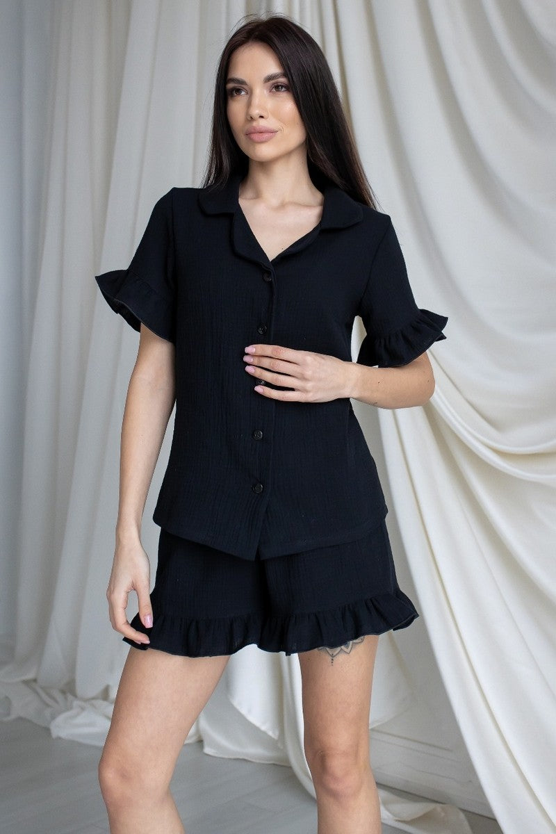 Піжама з мусліну з рюшами Пч1825 black MiaNaGreen