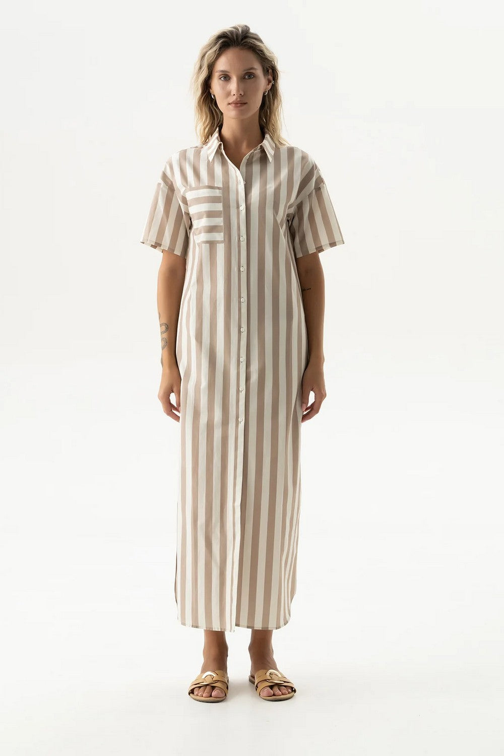 Хлопковое платье-рубашка 251204-15 Strapped Cotton oat milk