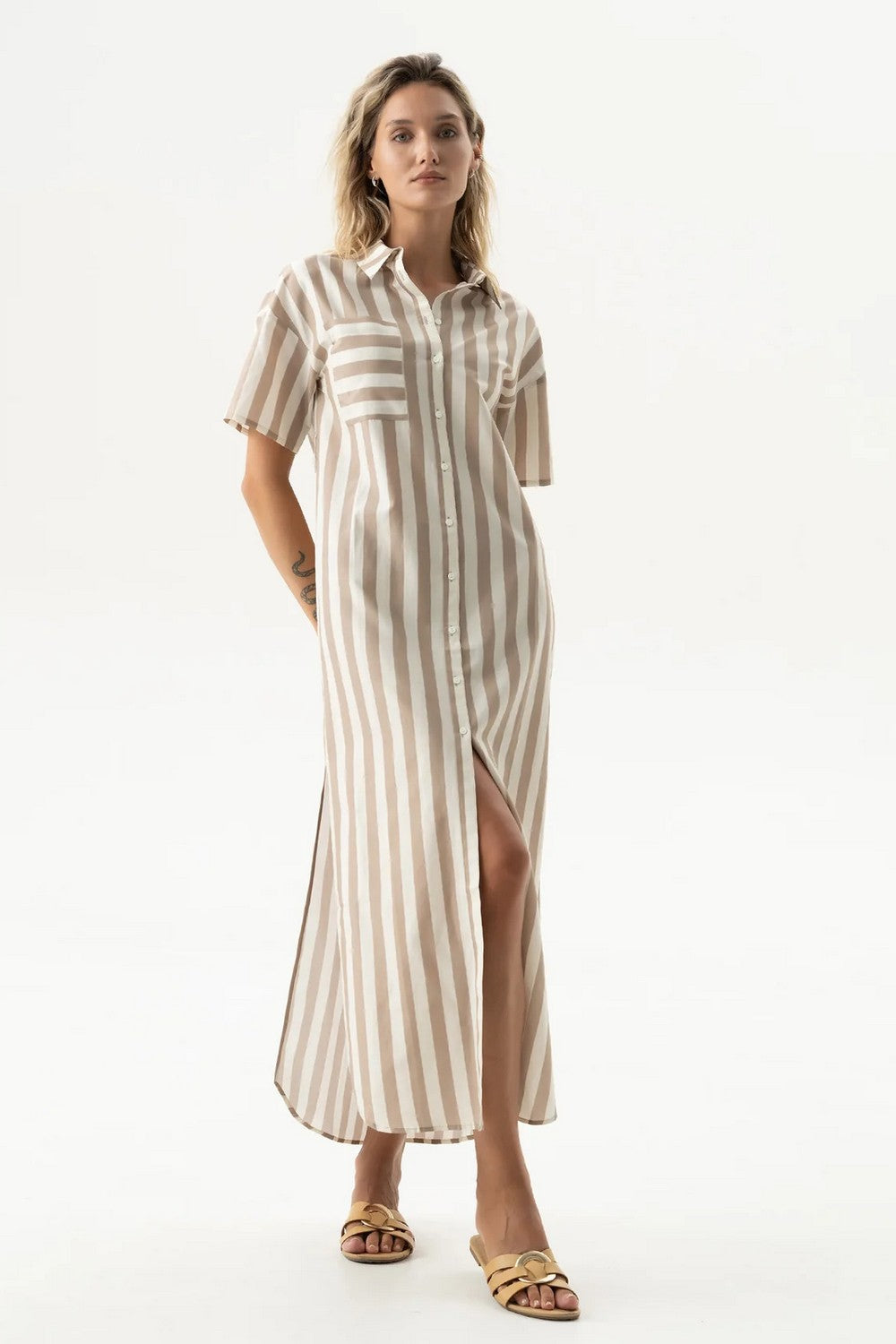 Хлопковое платье-рубашка 251204-15 Strapped Cotton oat milk