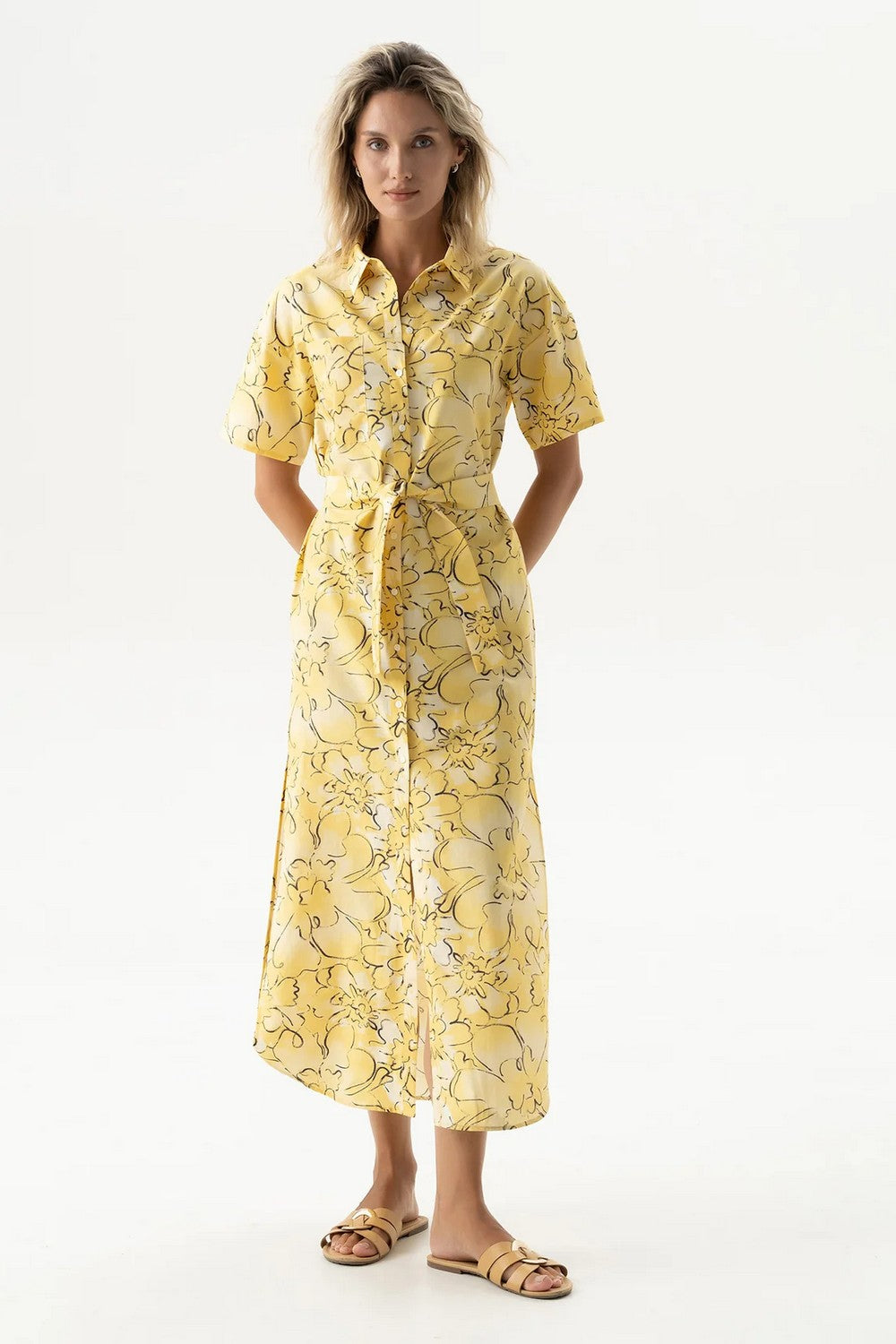 Хлопковое платье-рубашка 251204-15 Strapped Cotton yellow flowers