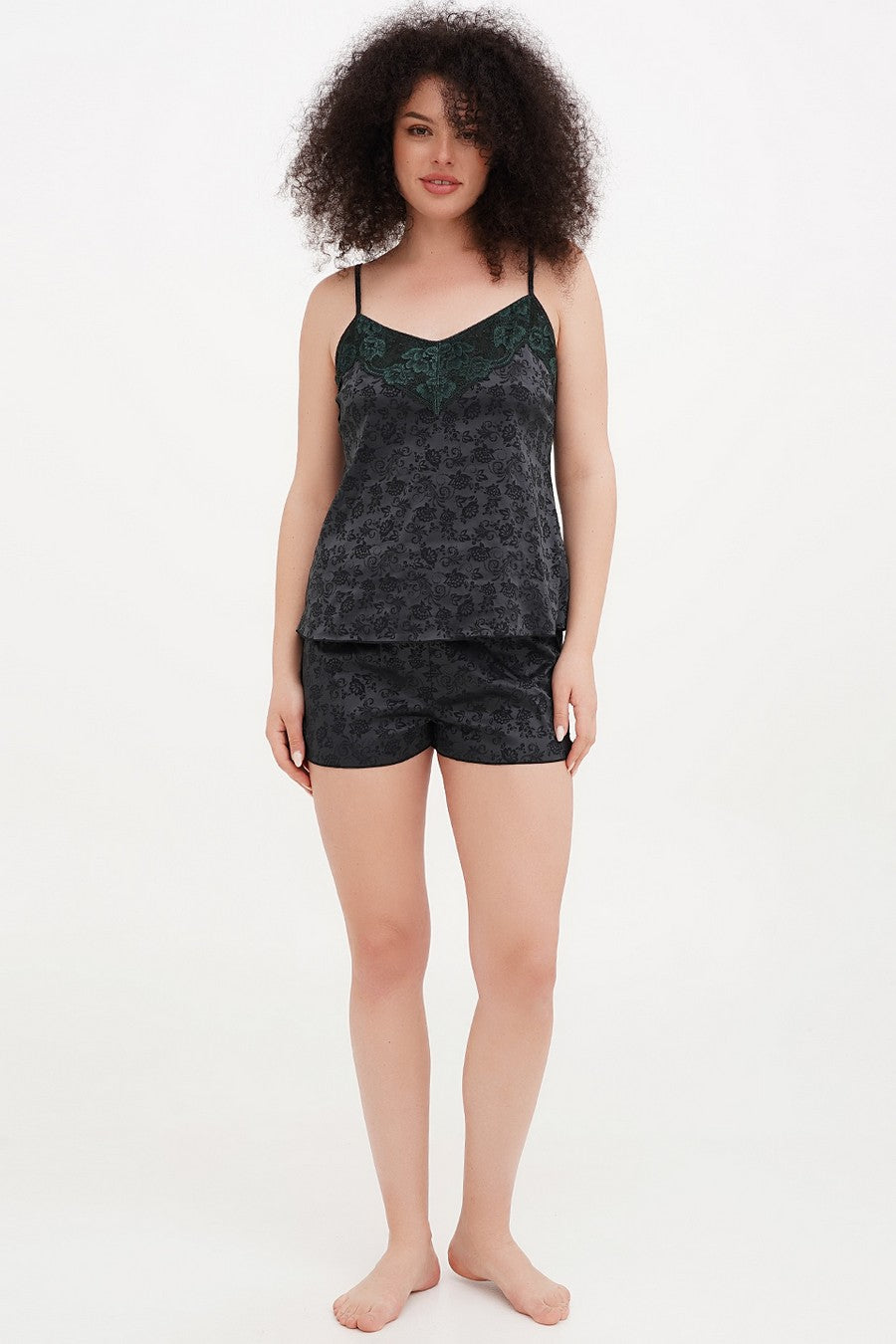 Атласная пижама с шортами Polina dark green