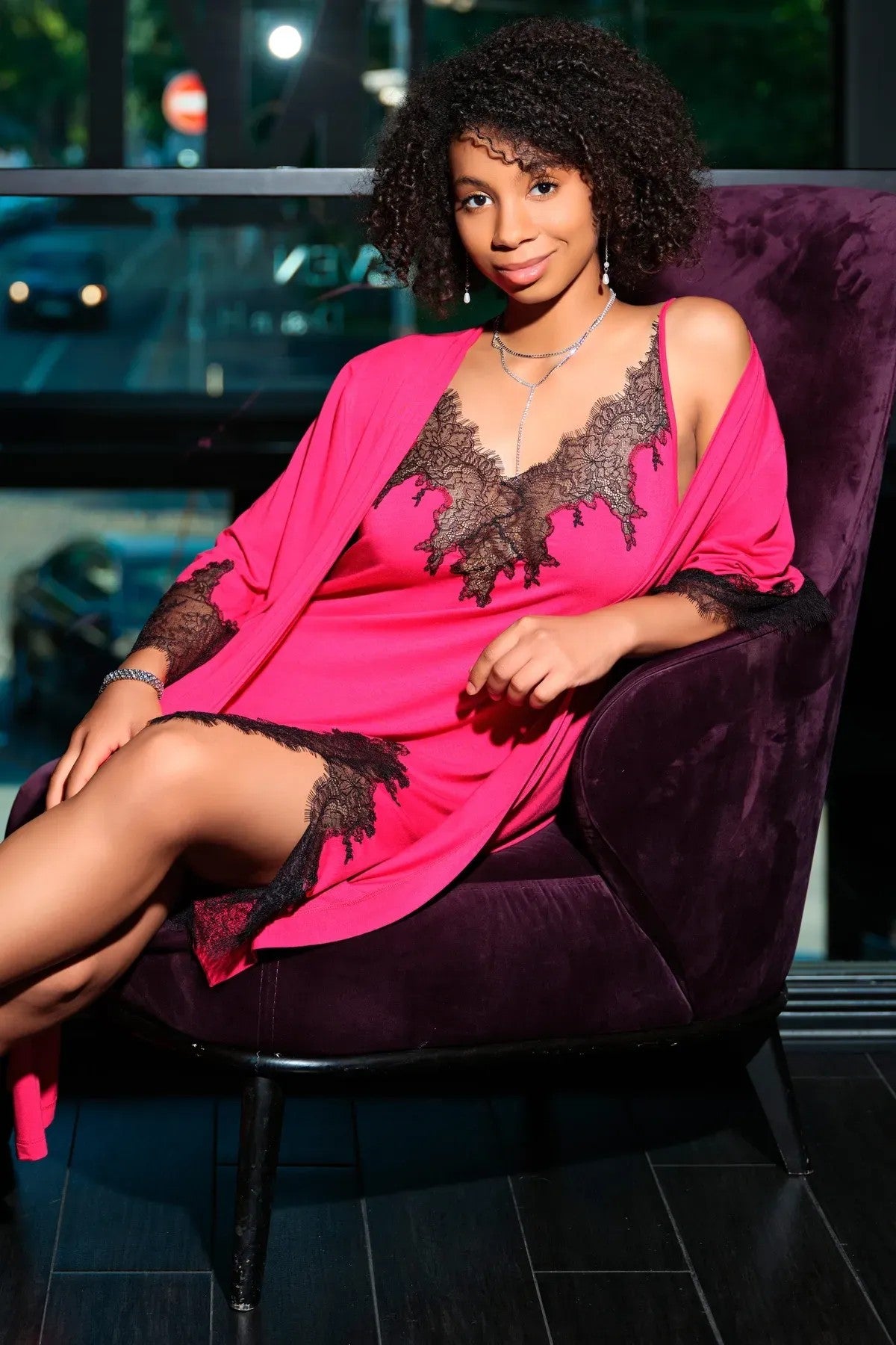 Сорочка з бамбука 03329O fuchsia/black