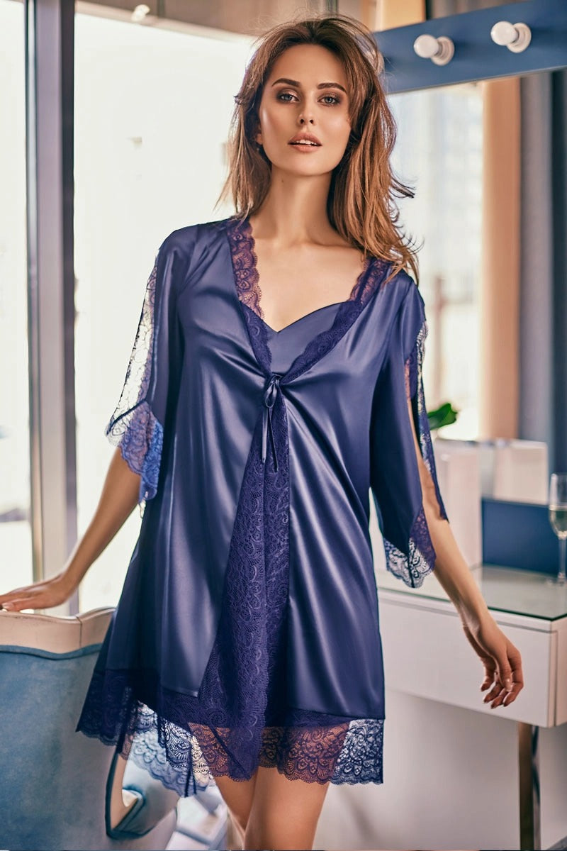 Халат с кружевными вставками 7025-6746 dark blue
