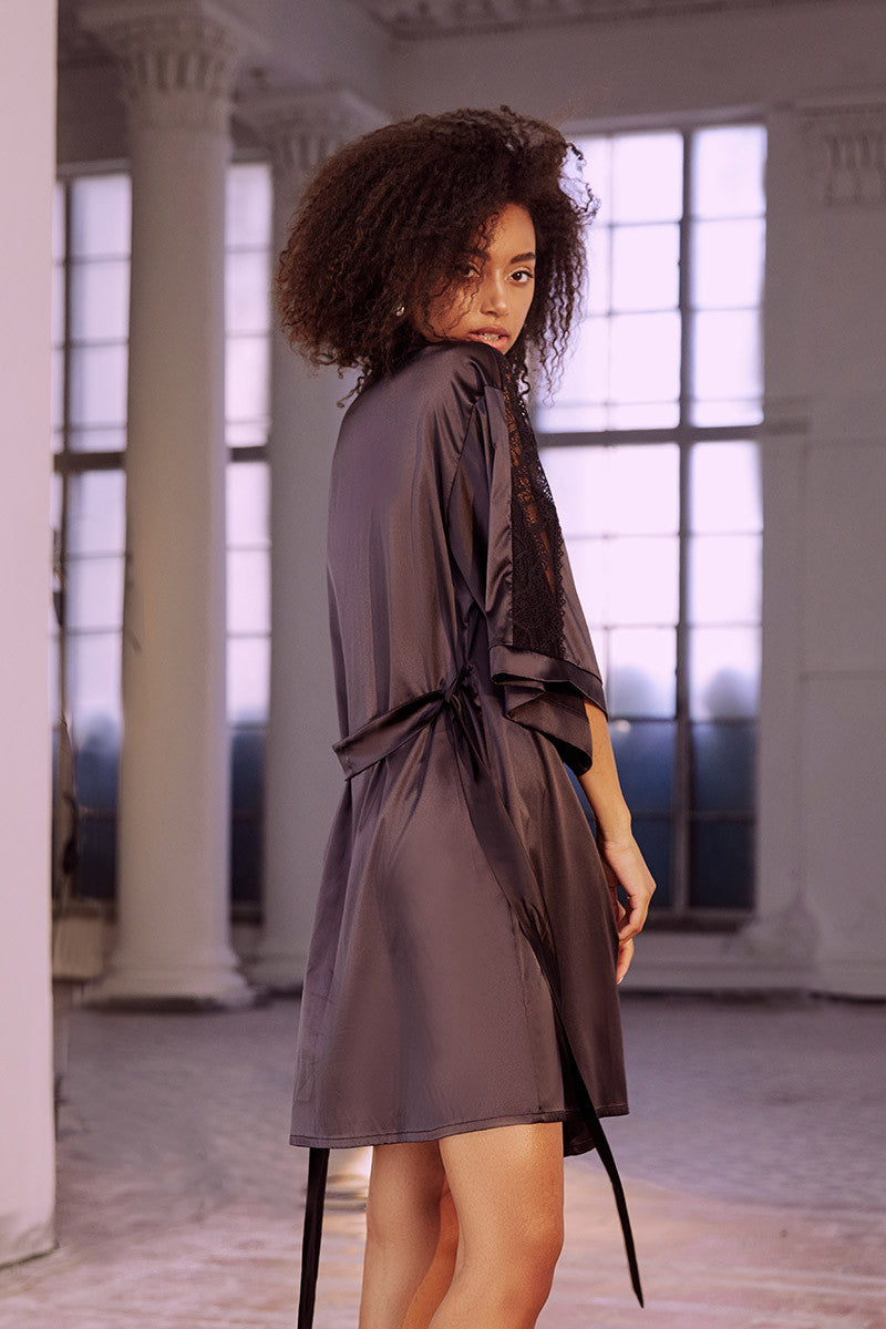 Сатиновый халат с кружевом 8157-6758 Nika black