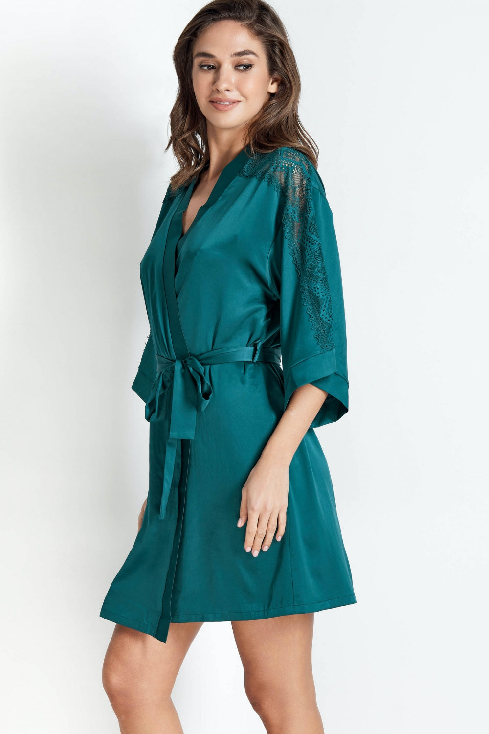 Сатиновый халат с кружевом 8157-6758 Nika emerald