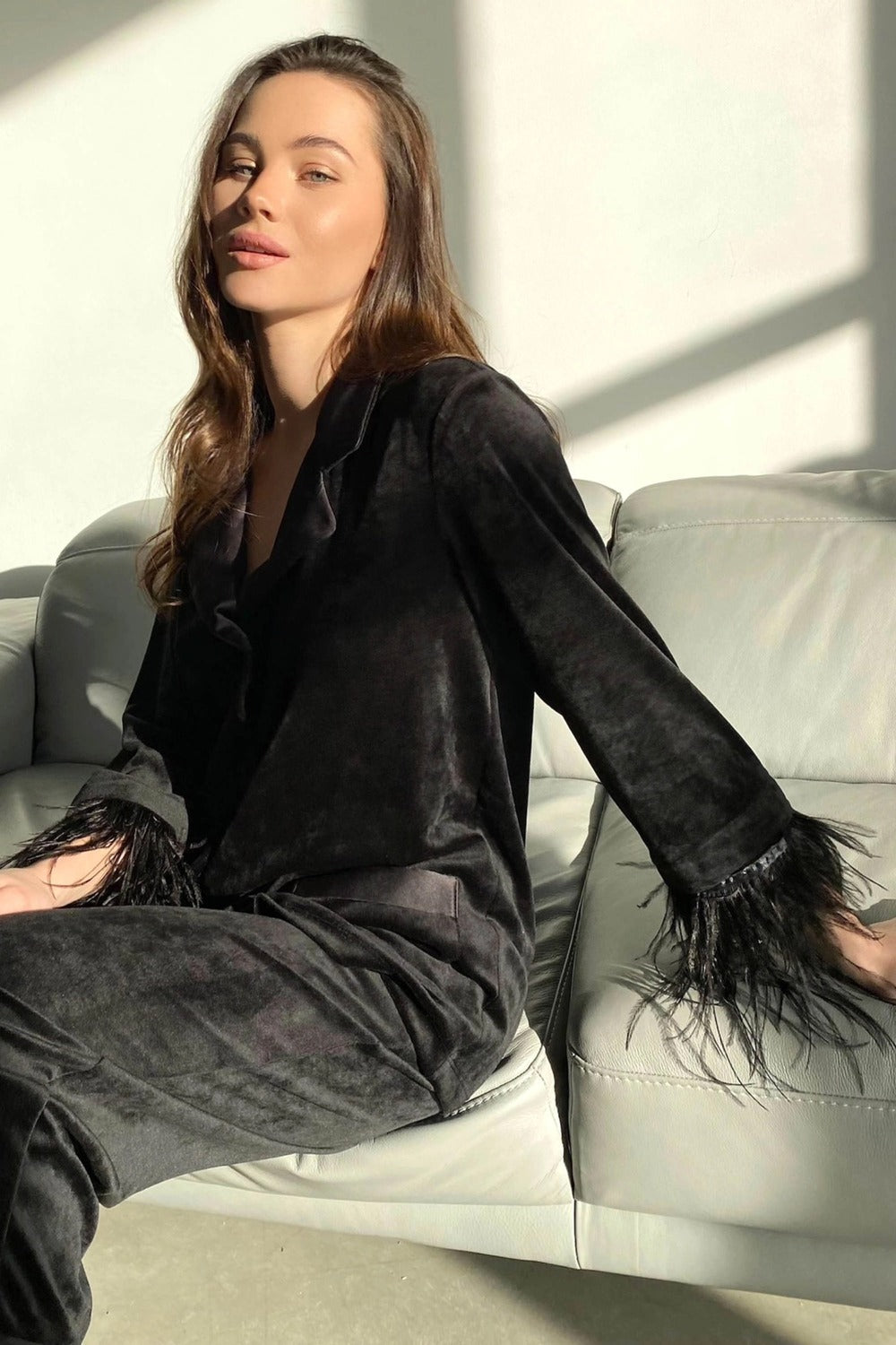 Велюровая пижама с перьями 8175-6216-4 black
