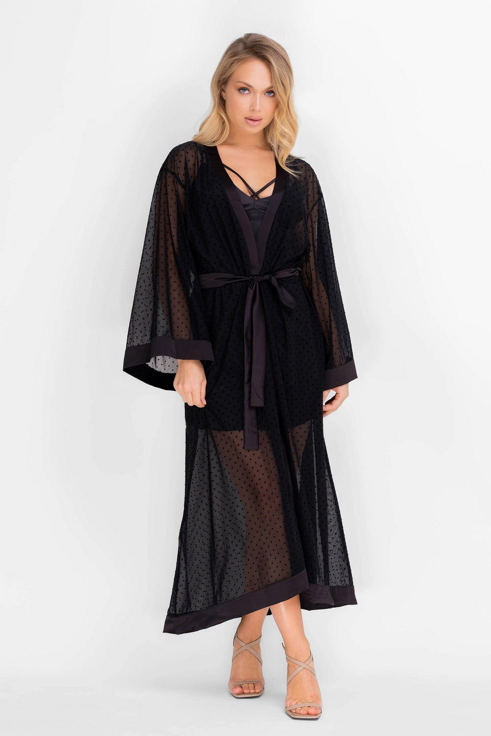 Длинный пеньюар в горошек 8180-6755 black