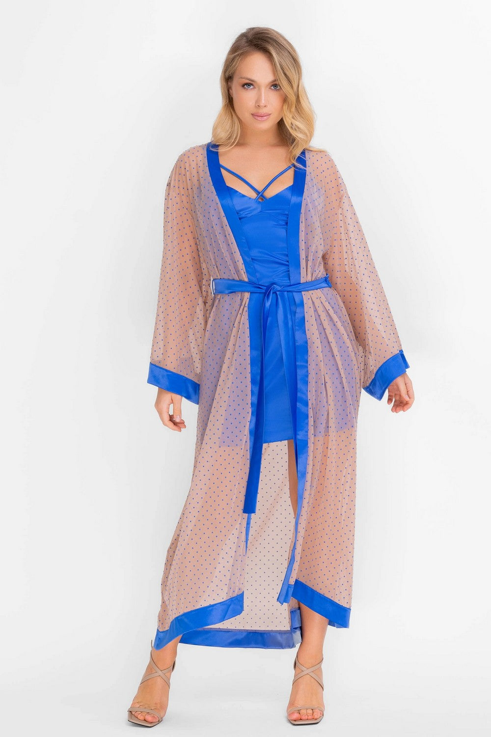 Длинный пеньюар в горошек 8180-6755 bright blue