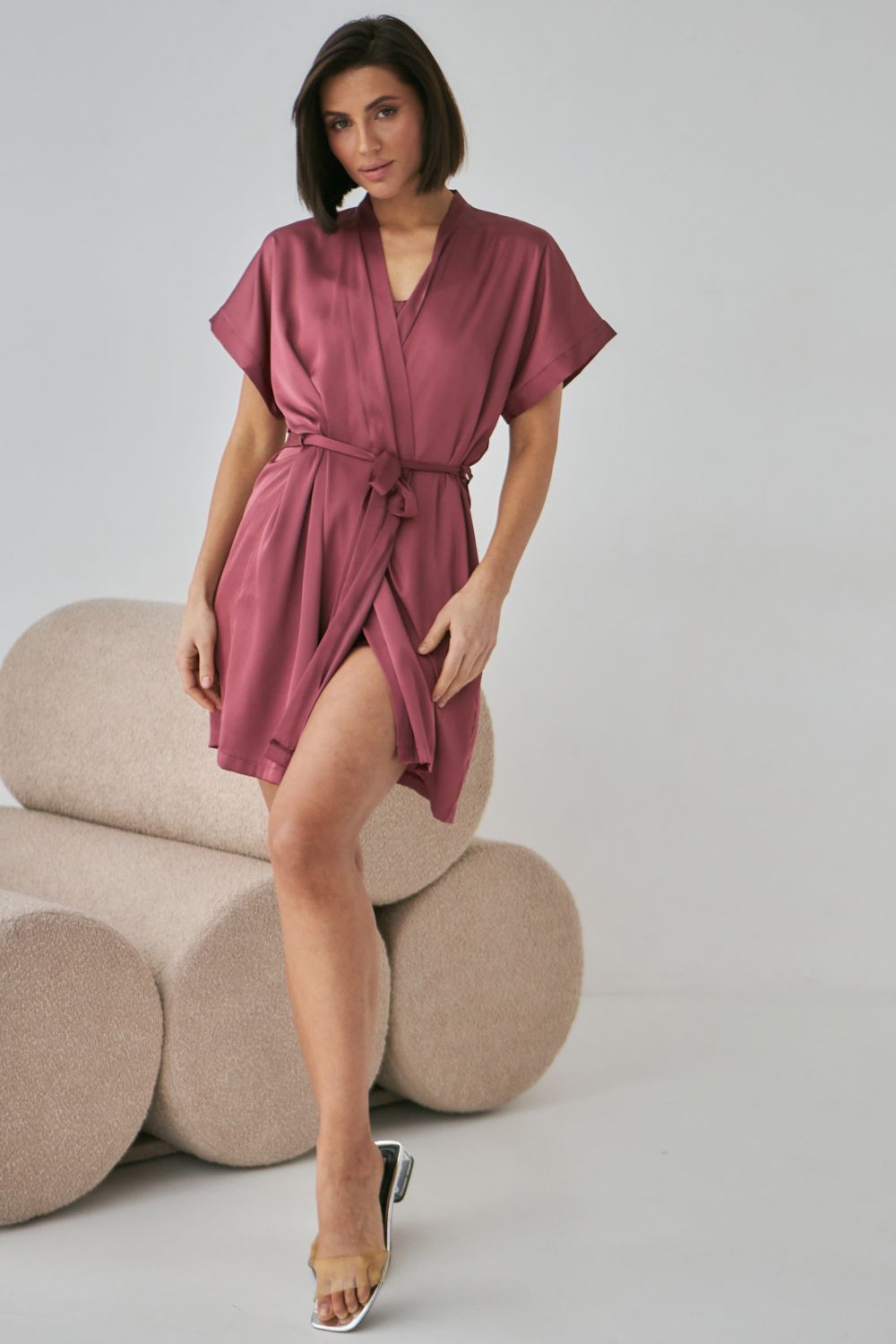 Шелковый халат с короткими рукавами 0242 dark rose