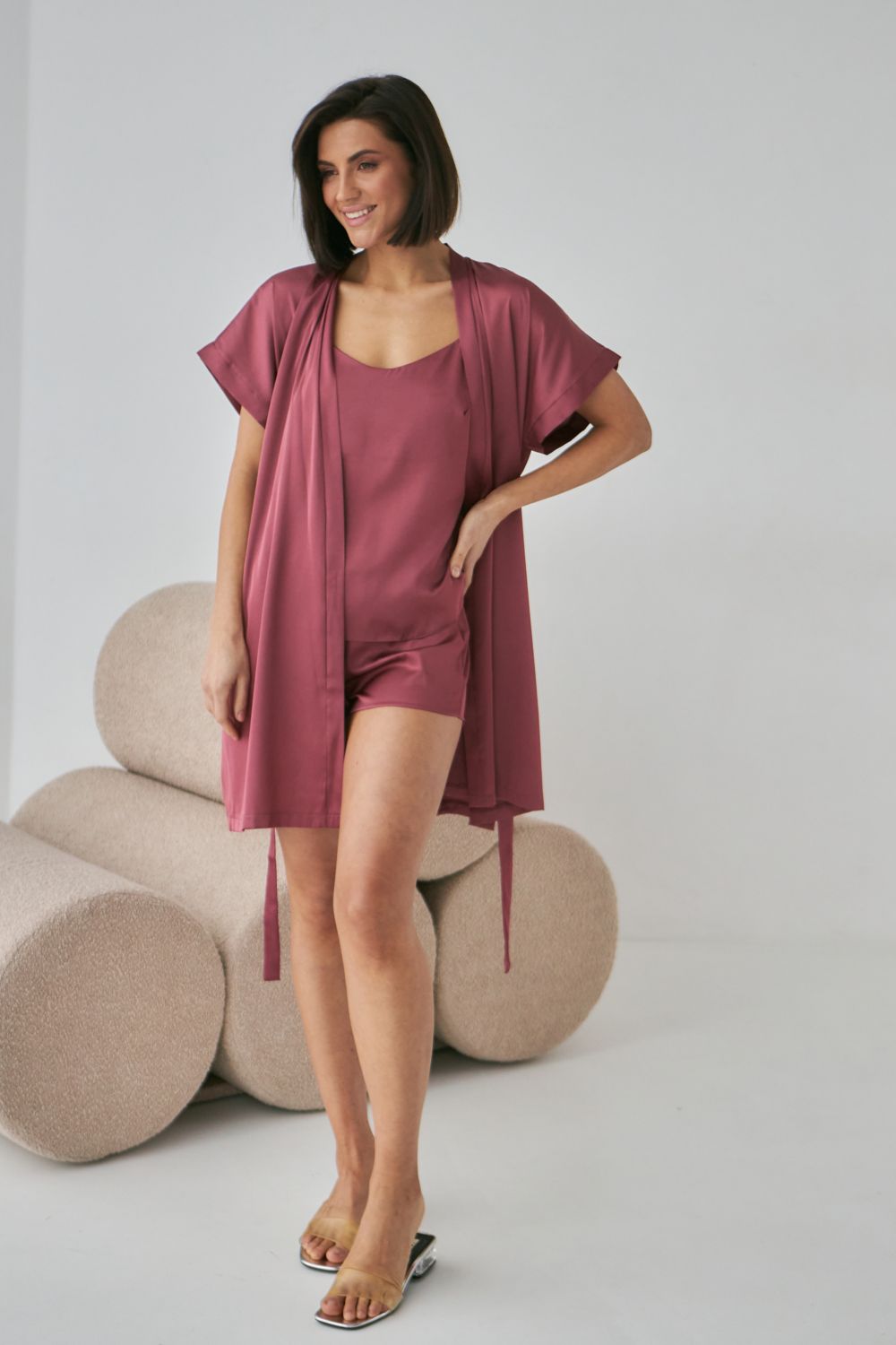 Шелковый халат с короткими рукавами 0242 dark rose