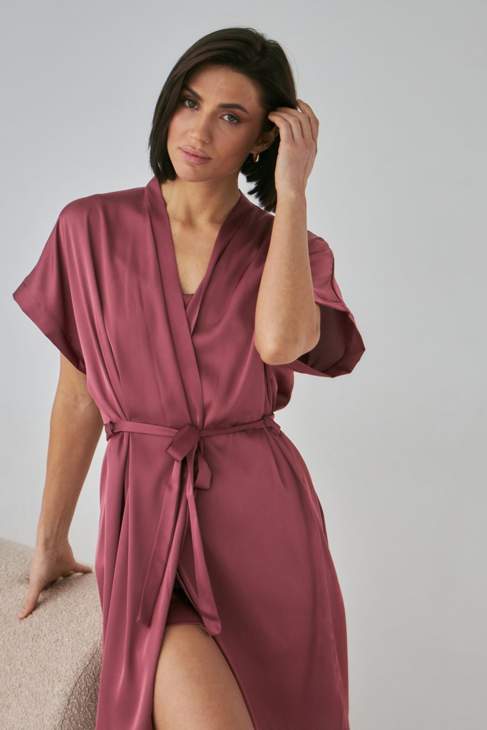 Шелковый халат с короткими рукавами 0242 dark rose