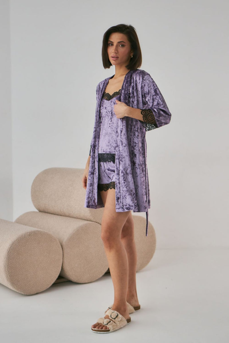 Велюровый халат с кружевом 0251 dark violet