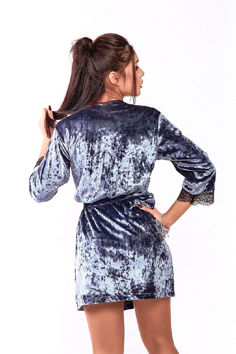 Велюровый халат с кружевом 0251 blue/grey