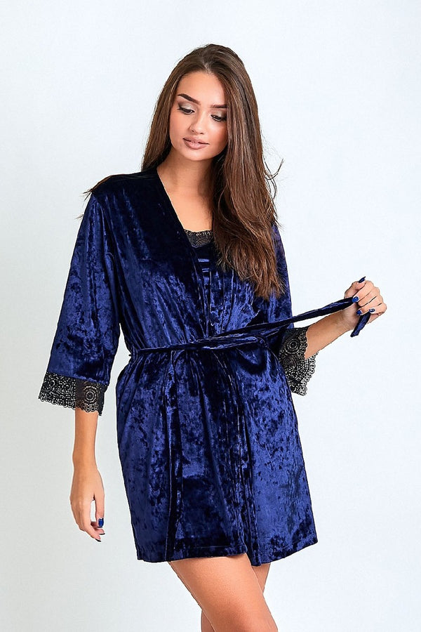 Велюровый халат с кружевом 0251 dark blue