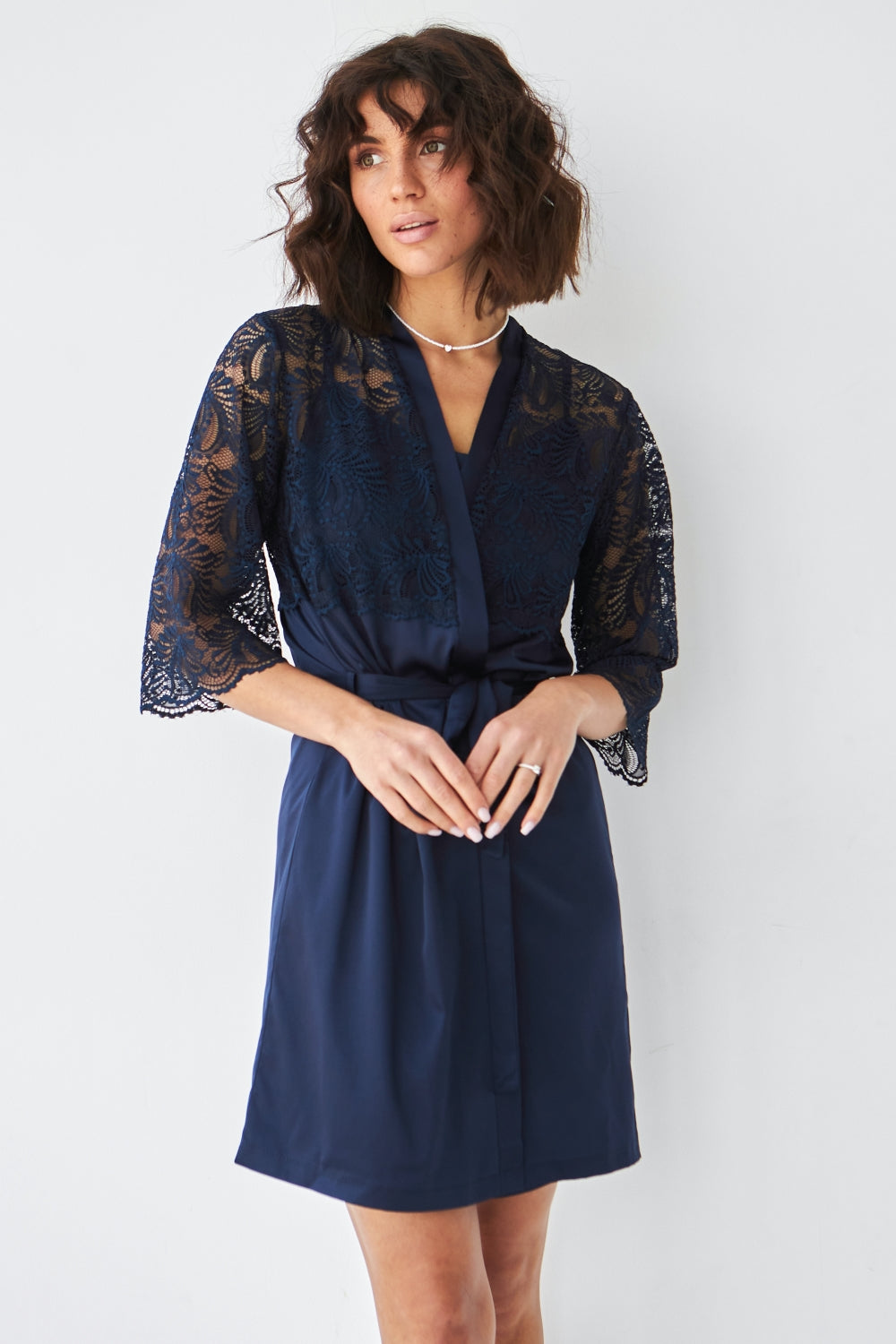 Шелковый халат с кружевом 0318 dark blue