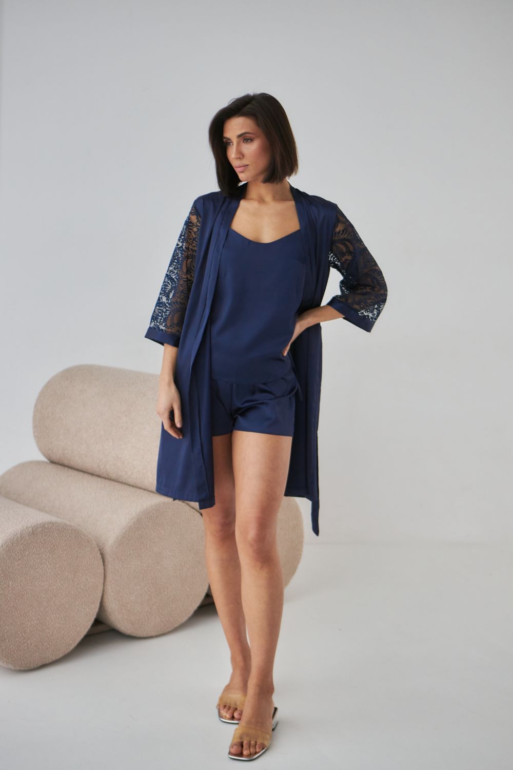 Шелковый халат с кружевными рукавами 0337 dark blue