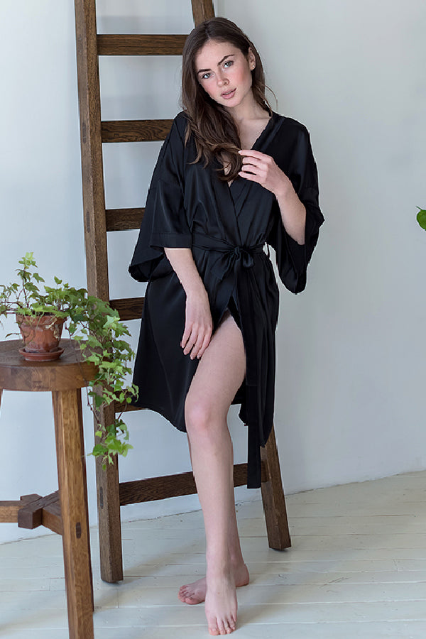 Шелковый халат-кимоно с поясом Black 11604B