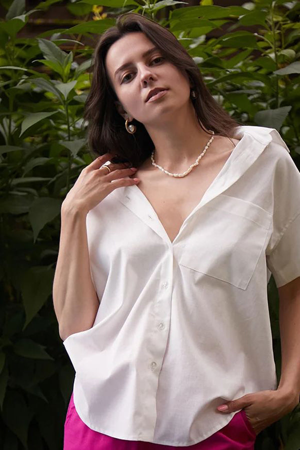 Льняная рубашка с коротким рукавом LN0059-09-50 cream