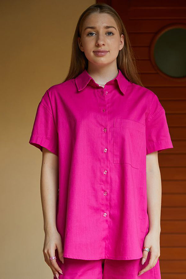 Льняная рубашка с коротким рукавом LN0059-87-50 raspberries