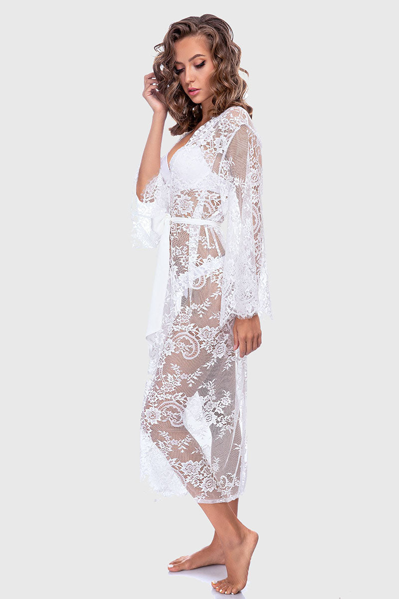 Кружевной пеньюар с атласным поясом 100029-2 white