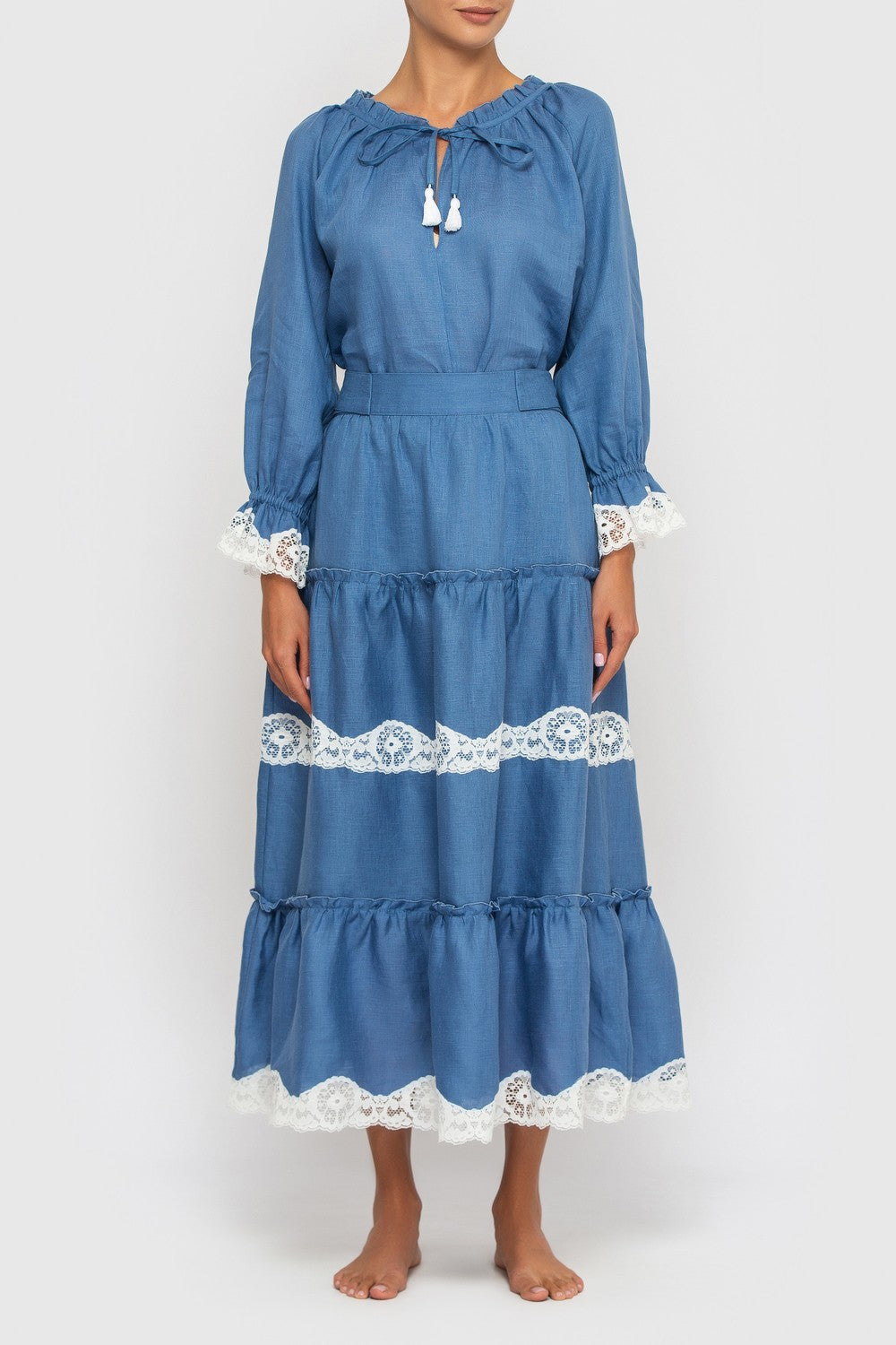 Льняной костюм с кружевом Бохо 21041-1 blue