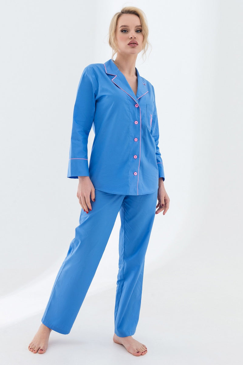 Хлопковая пижама на пуговицах 22007 blue