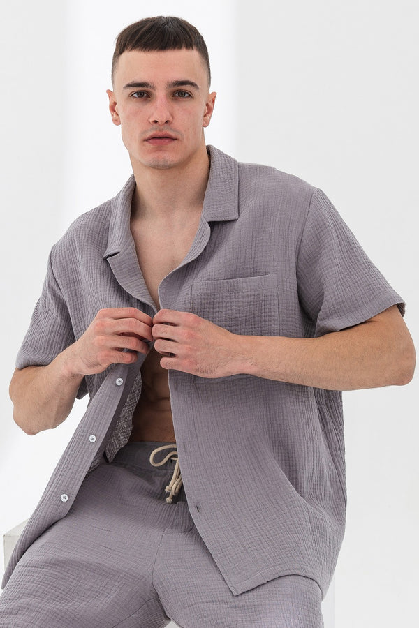 Мужская муслиновая рубашка с коротким рукавом 23060 gray