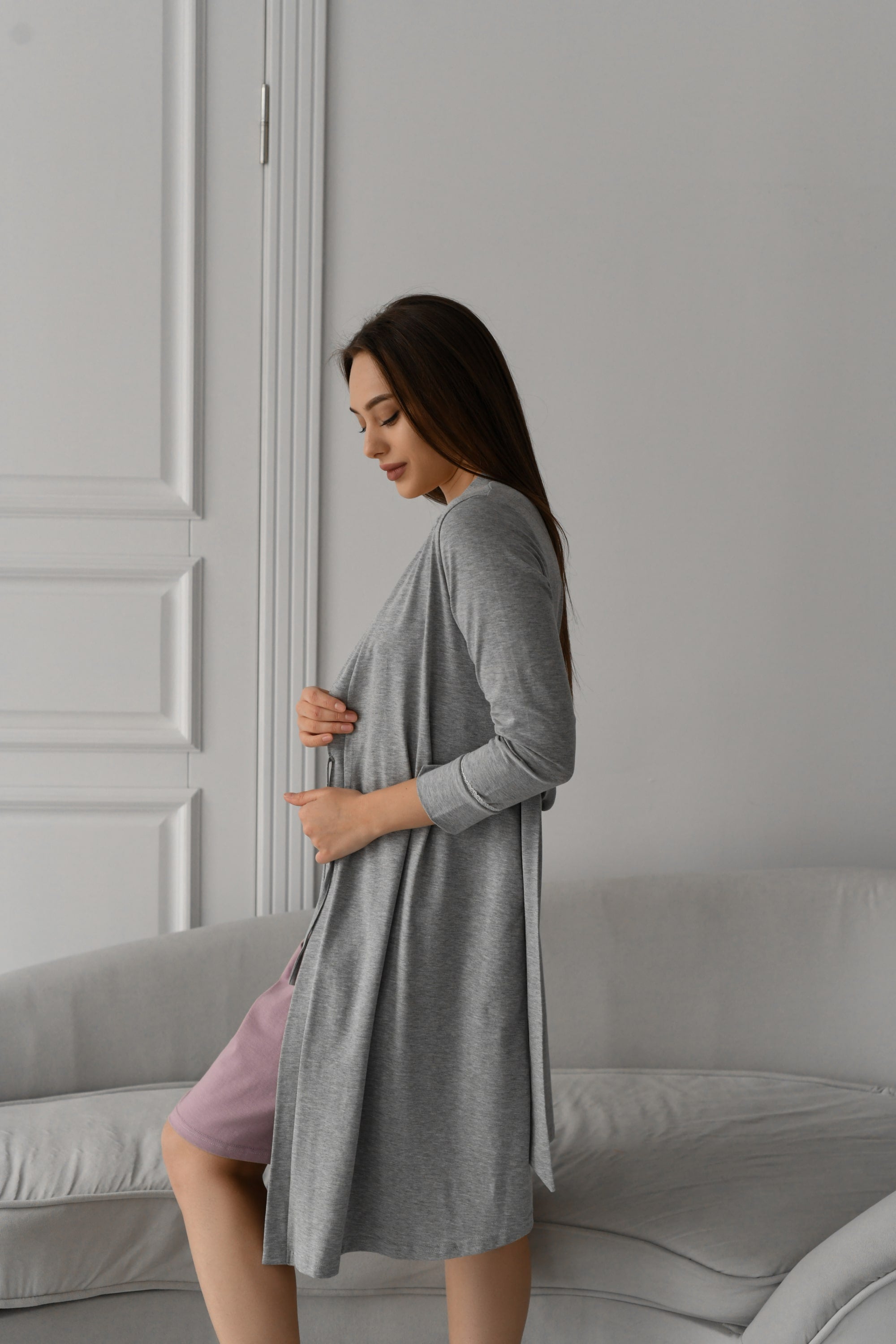 Трикотажный халат для беременных 25314 La Rose gray