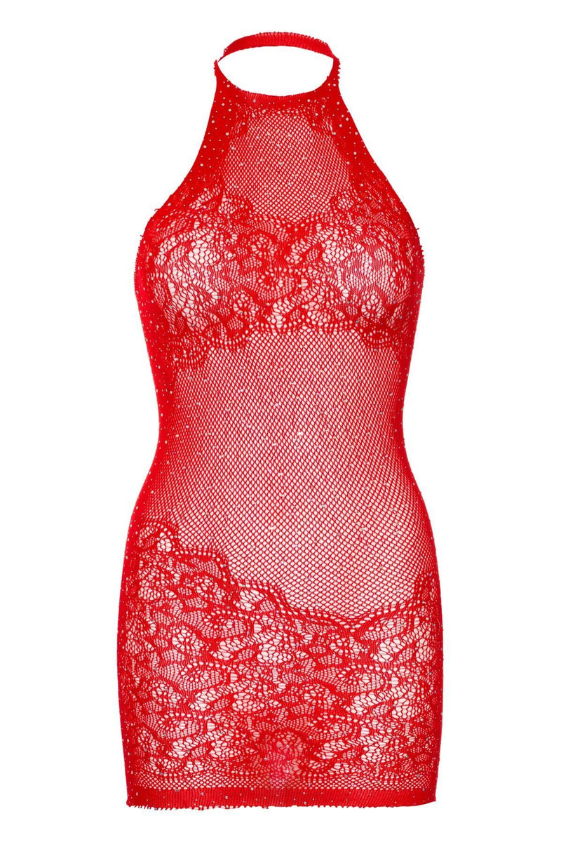 Платье-сетка со стразами Rhinestone Halter red