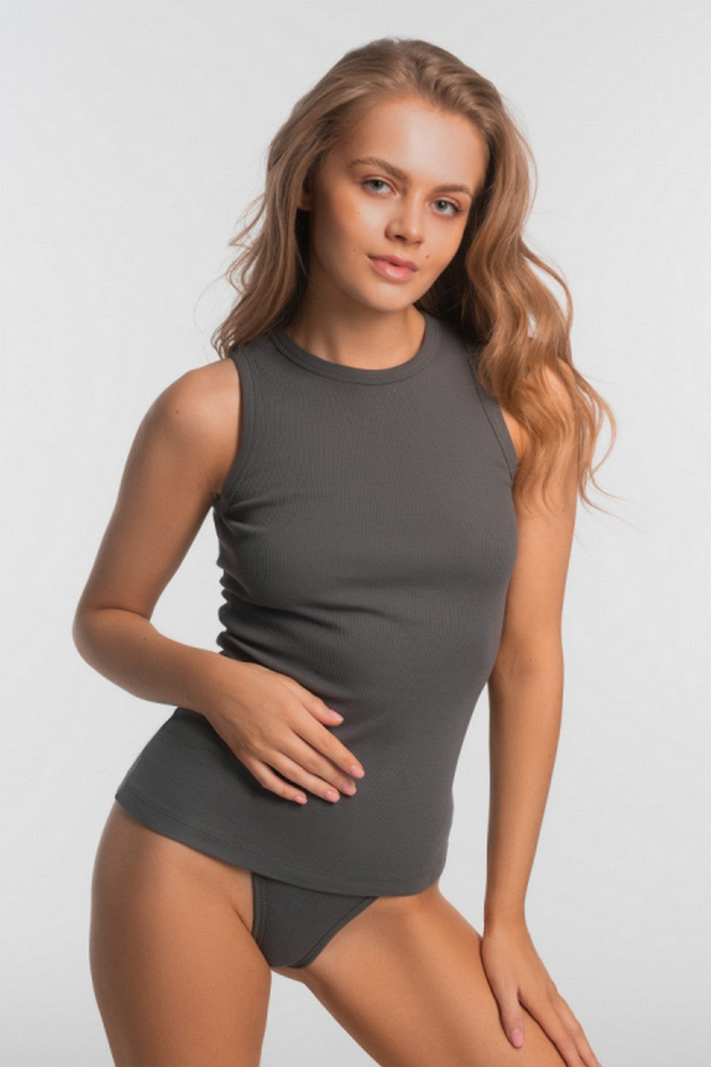 Хлопковый топ в рубчик L019R Reseda grafit