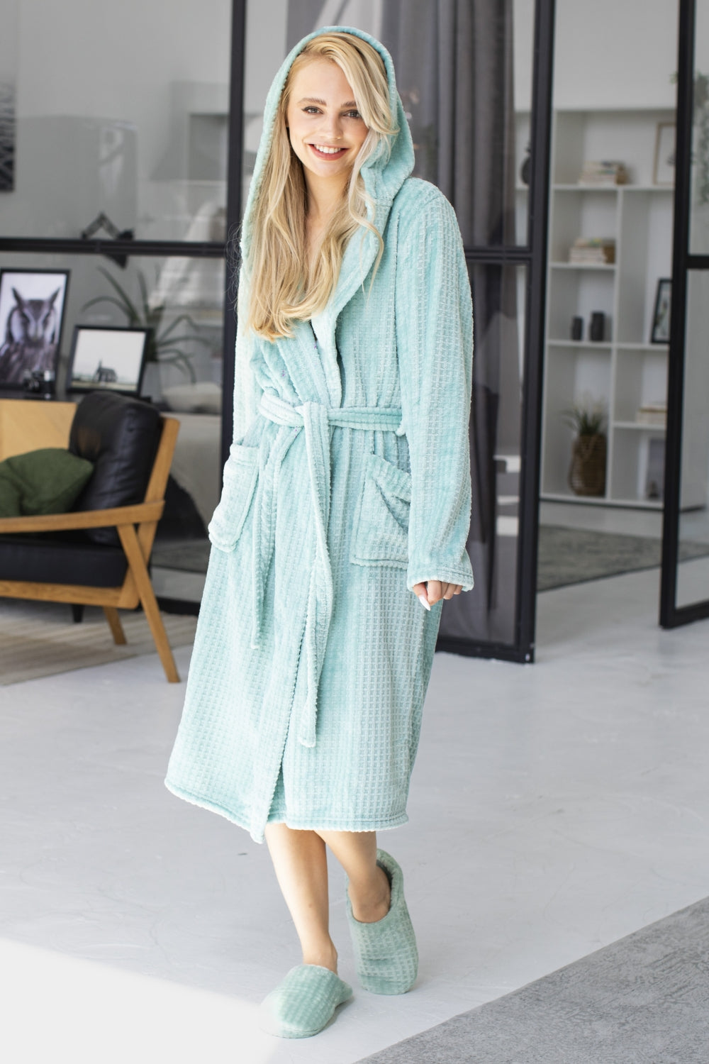 Флісовий халат з капюшоном LH562-02 Check mint ice cream